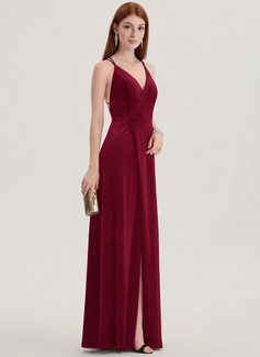 A-Linien-Kleid V-Ausschnitt Bodenlang Samt Brautjungfernkleid 