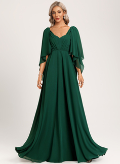 A-line Sweetheart V-Neck Floor-Length Chiffon Bridesmaid Dress With Ruffle 