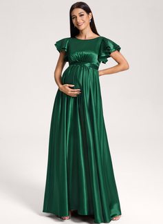 A-line Scoop Floor-Length Stretch Satin Maternity Dresses With Ruffle 