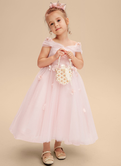 A-line kjole Kald skulder Te-lengde Tyll Brudepikekjole barn med 3D-blomster Sløyfe 