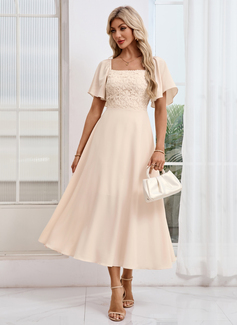 Square Short Sleeve A-line Crepe Lace Midi Dress 