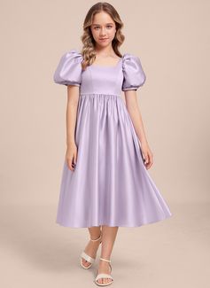 A-line Square Tea-Length Satin Junior Bridesmaid Dress 