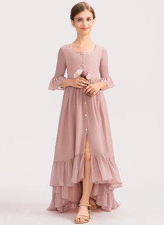A-line Scoop Asymmetrical Chiffon Junior Bridesmaid Dress With Bow Cascading Ruffles 
