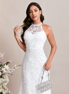 Embroidered Sequins Halter Sleeveless A-line Lace Maxi Dress 