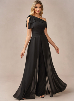 Jumpsuits One Shoulder Floor-Length Chiffon Evening Dress With Overskirt Bow 