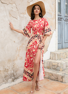 Rund hals Trekvart ermer Ferie A-line kjole Polyester Midi Motekjoler 