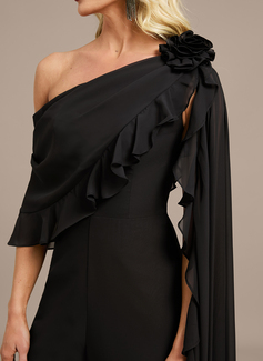 Jumpsuits Asymmetrical One Shoulder Floor-Length Chiffon Evening Dress With Cape 3D Floral Ruffle 