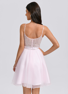 A-line V-Neck Short Tulle Homecoming Dress With Rhinestone Sequins Beading 