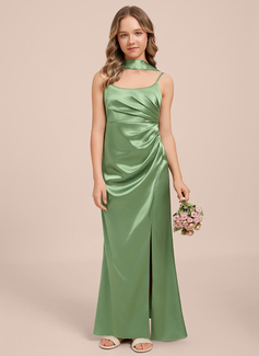 Sheath/Column Scoop Floor-Length Stretch Satin Junior Bridesmaid Dress 