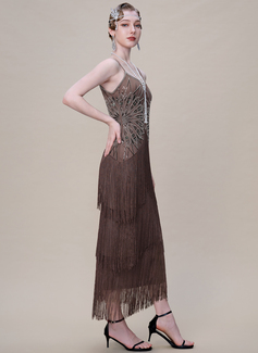 Off the Shoulder Multi-Layered Fringe Geometric Fan 1920s Evening Dress 