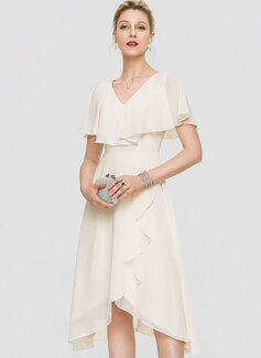 A-line V-Neck Asymmetrical Chiffon Cocktail Dress With Bow Cascading Ruffles 