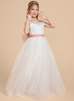 Prinzessin Rundhals Bodenlang Spitze Blumenmädchenkleid mit Cape-Ärmel Schärpe 