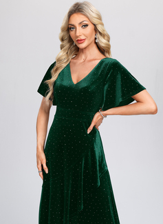 A-line V-Neck Asymmetrical Ankle-Length Velvet Cocktail Dress 