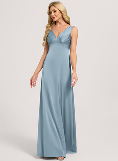 A-line V-Neck Floor-Length Matte Satin Bridesmaid Dress With Ruched 