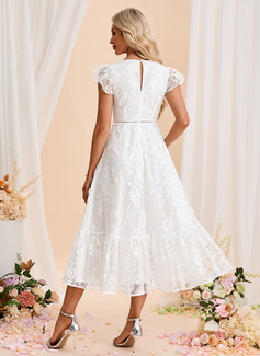 A-line V-Neck Tea-Length Tulle Wedding Dress With Embroidered 