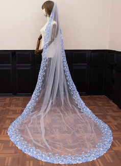 Pearl Floral Lace Edge Single Tier Tulle Bridal Cathedral Length Wedding Veils 