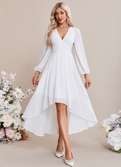 A-line V-Neck Tea-Length Asymmetrical Lace Chiffon Wedding Dress 