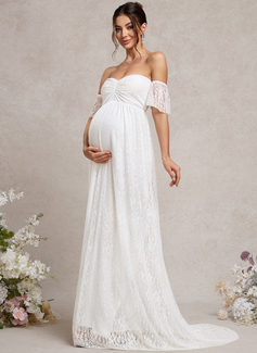A-line Off the Shoulder Sweep Train Lace Maternity Dresses With Pleated 