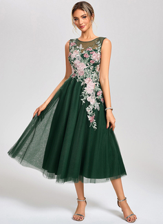 A-line Scoop Tea-Length Tulle Lace Cocktail Dress 