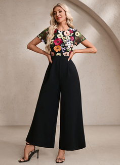 Embroidered Scoop Short Sleeve Jumpsuits Tulle Stretch Crepe Maxi Dress 