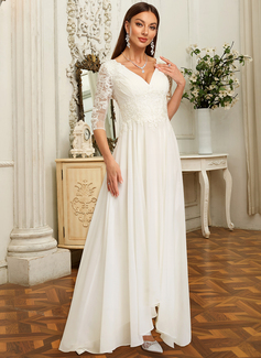 A-line kjole V-hals Asymmetrisk Blonder Chiffon Brudekjole 