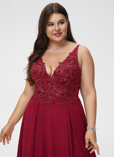 A-Linien-Kleid V-Ausschnitt Bodenlang Spitze Chiffon Ballkleid mit Pailletten 