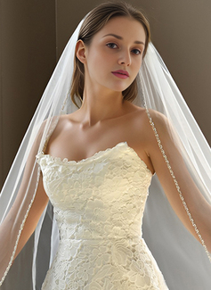 Beading Cut Edge Single Tier Tulle Bridal Fingertip Length Wedding Veils 