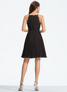 A-Linien-Kleid Rundhals Knielang Spitze Chiffon Abiballkleid mit Plissee 