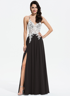 A-Linien-Kleid V-Ausschnitt Bodenlang Chiffon Ballkleid mit Perlen Pailletten 