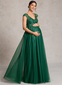 A-line V-Neck Illusion Floor-Length Tulle Lace Maternity Dresses With Sequins 