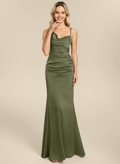 Robe sirène à col bénitier avec fronces en satin mat