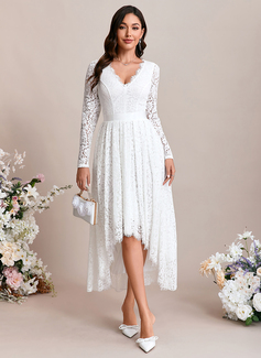 A-line V-Neck Ankle-Length Asymmetrical Lace Wedding Dress With Ruched 