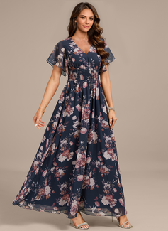 A-line V-Neck Floor-Length Chiffon Evening Dress With Smocked Floral Print 