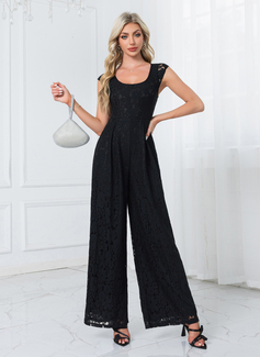 Rund-halsudskæring Hætte ærmer Blonder Maxi Jumpsuits 