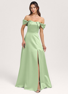 A-line Off the Shoulder Floor-Length Satin Bridesmaid Dress With Bow 