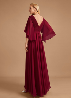 A-Line V-neck Floor-Length Chiffon Bridesmaid Dress With Ruffle 