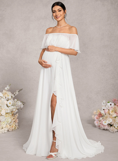 A-line Off the Shoulder Sweep Train Chiffon Maternity Dresses With Cascading Ruffles 