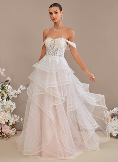 Ball-Gown/Princess Off the Shoulder Sweep Train Tulle Lace Wedding Dress With Sequins 