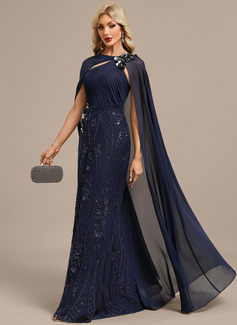 Sheath/Column Boat Neck Floor-Length Lace Chiffon Evening Dress With Cape Sequins Pleated 