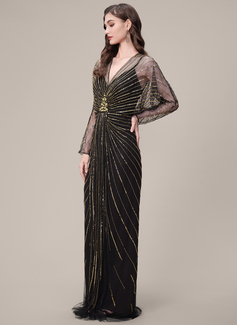 V-Neck Batwing Sleeve Crystal-Encrusted Beaded 1920s Evening Gown 