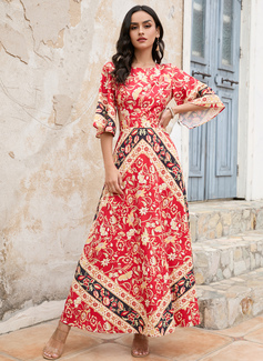 Rund hals Trekvart ermer Ferie A-line kjole Polyester Midi Motekjoler 