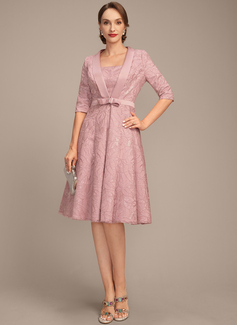 A-line Square Knee-Length Satin Lace Mother of the Bride Dress With Pleated Sequins 