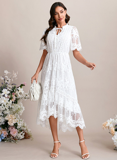 A-line V-Neck Tea-Length Lace Wedding Dress With Embroidered 