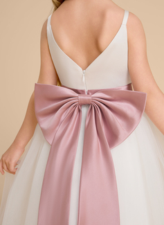 A-line kjole V-hals Gulvlengde Tyll Sateng Brudepikekjole barn med Bånd 