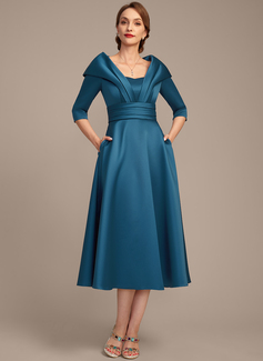 A-line Sweetheart Collared Tea-Length Satin Mother of the Bride Dress With Pleated 