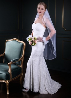 Beading Cut Edge Two Tier Tulle Bridal Fingertip Length Wedding Veils With Blusher 