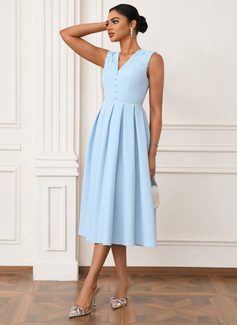 V-Neck Sleeveless A-line Stretch Satin Midi Dress 