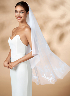 Lace Cut Edge Two Tier Bridal Fingertip Length 47" Wedding Veils With Blusher 