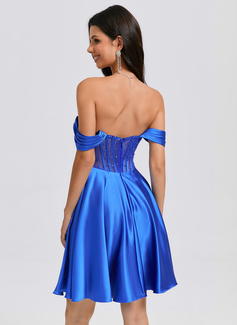 A-line Off the Shoulder Short Satin Homecoming Dress With Rhinestone Pleated Beading 