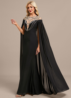 Sheath/Column Illusion Scoop Floor-Length Chiffon Evening Dress With Rhinestone Cape Beading 